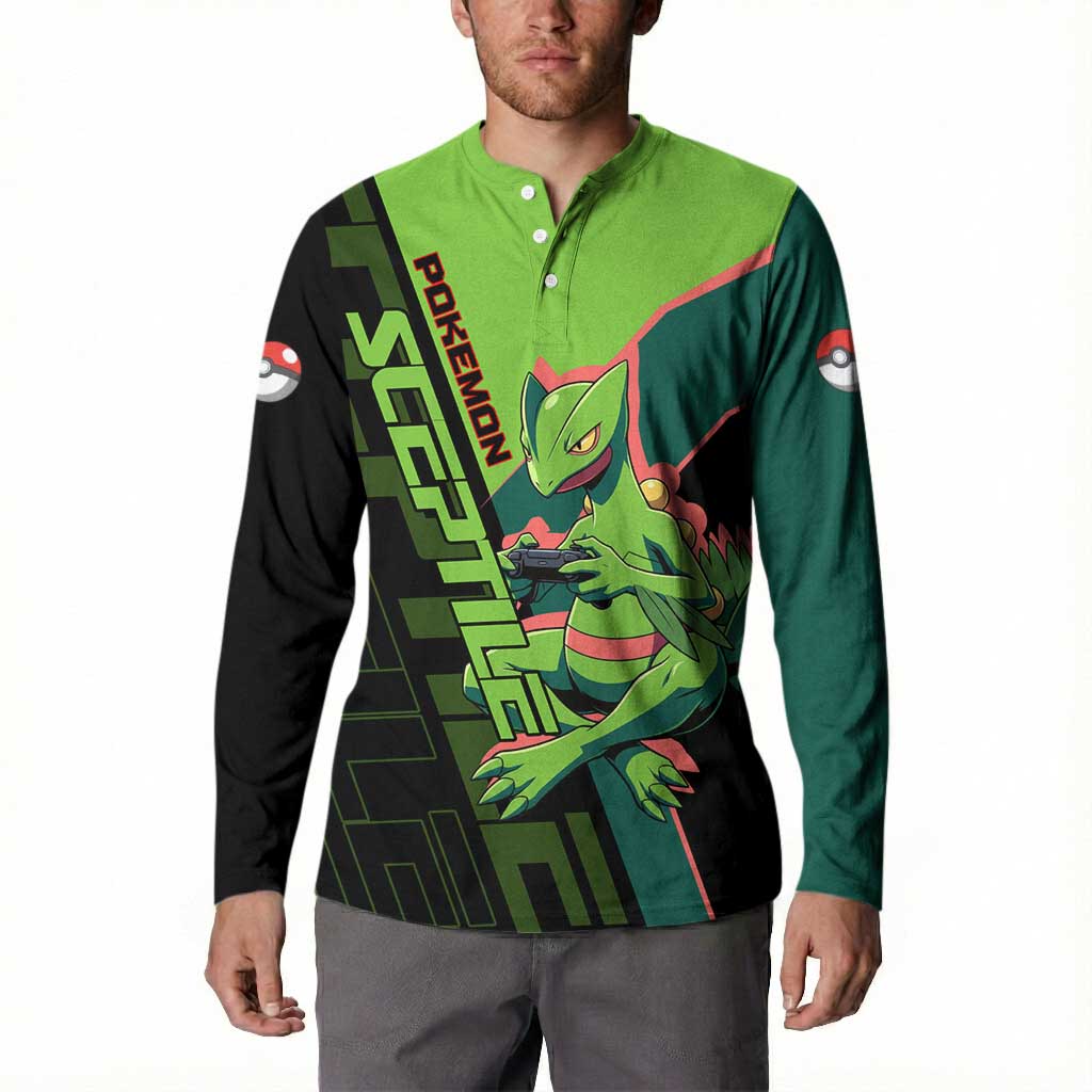 Sceptile Poké Button Sweatshirt Neon Retro Anime Style