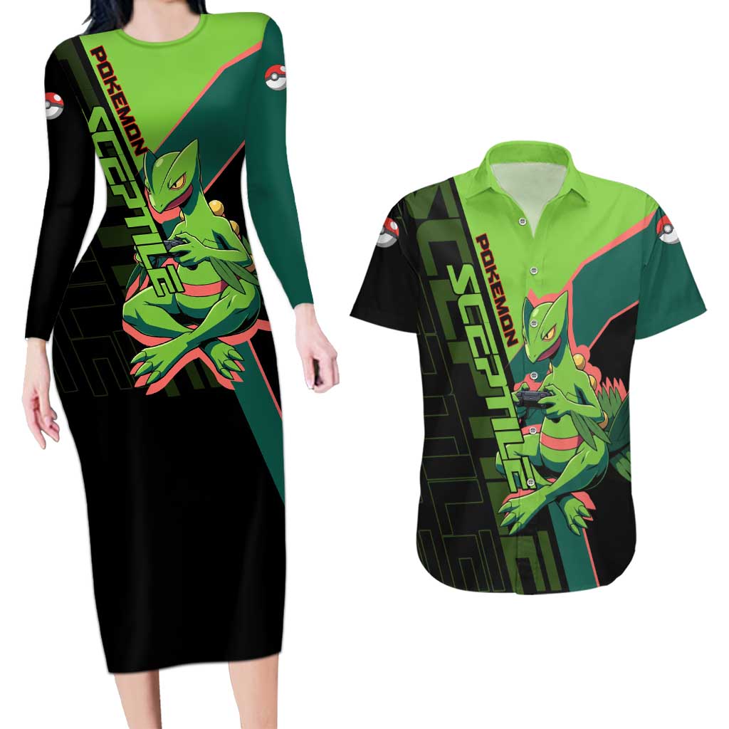 Sceptile Poké Couples Matching Long Sleeve Bodycon Dress and Hawaiian Shirt Neon Retro Anime Style