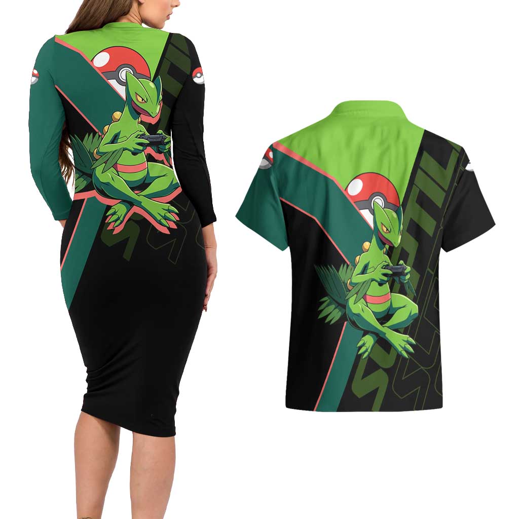 Sceptile Poké Couples Matching Long Sleeve Bodycon Dress and Hawaiian Shirt Neon Retro Anime Style