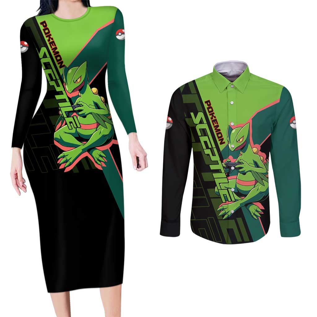 Sceptile Poké Couples Matching Long Sleeve Bodycon Dress and Long Sleeve Button Shirt Neon Retro Anime Style