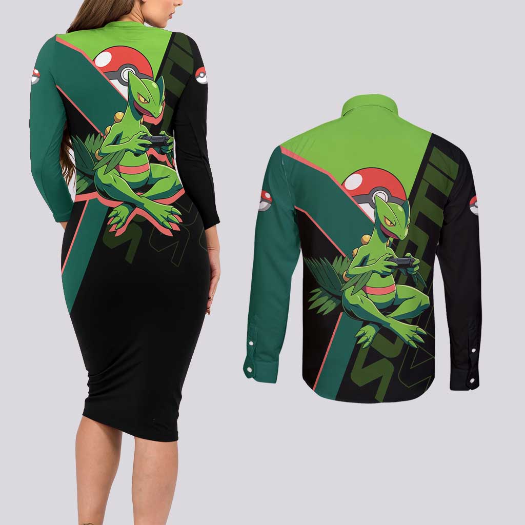 Sceptile Poké Couples Matching Long Sleeve Bodycon Dress and Long Sleeve Button Shirt Neon Retro Anime Style