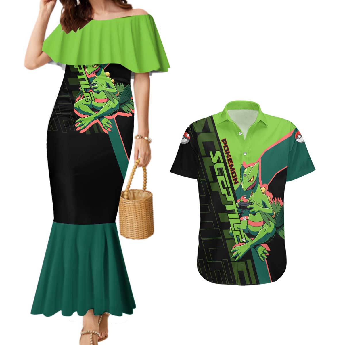 Sceptile Poké Couples Matching Mermaid Dress and Hawaiian Shirt Neon Retro Anime Style
