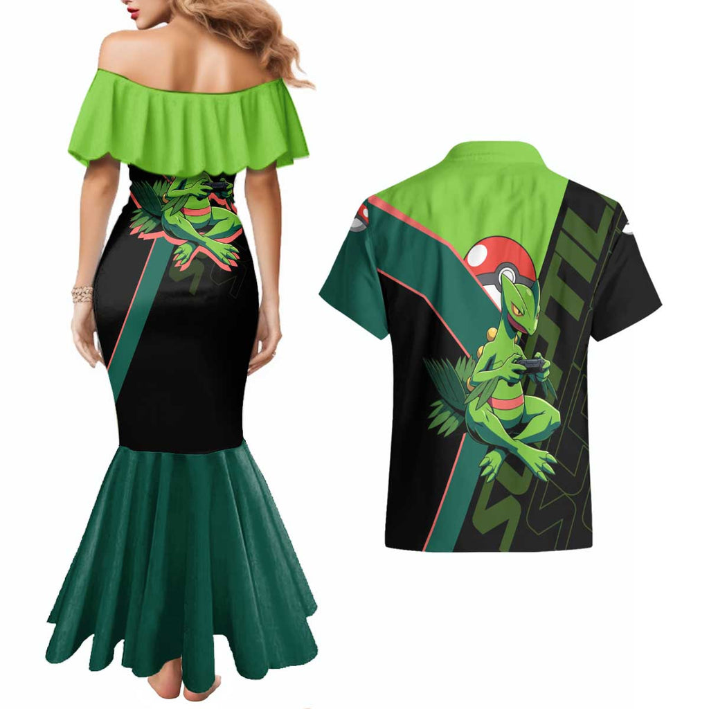 Sceptile Poké Couples Matching Mermaid Dress and Hawaiian Shirt Neon Retro Anime Style