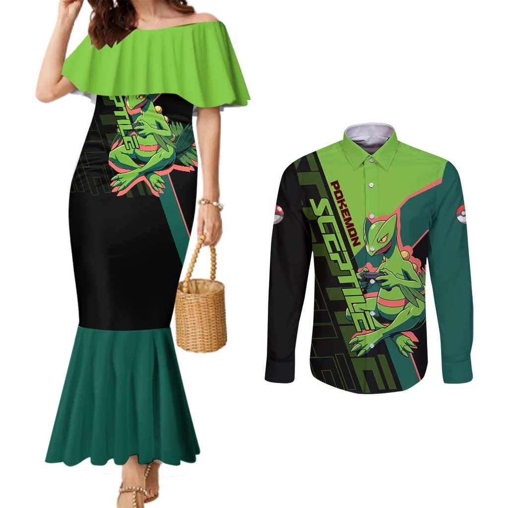 Sceptile Poké Couples Matching Mermaid Dress and Long Sleeve Button Shirt Neon Retro Anime Style