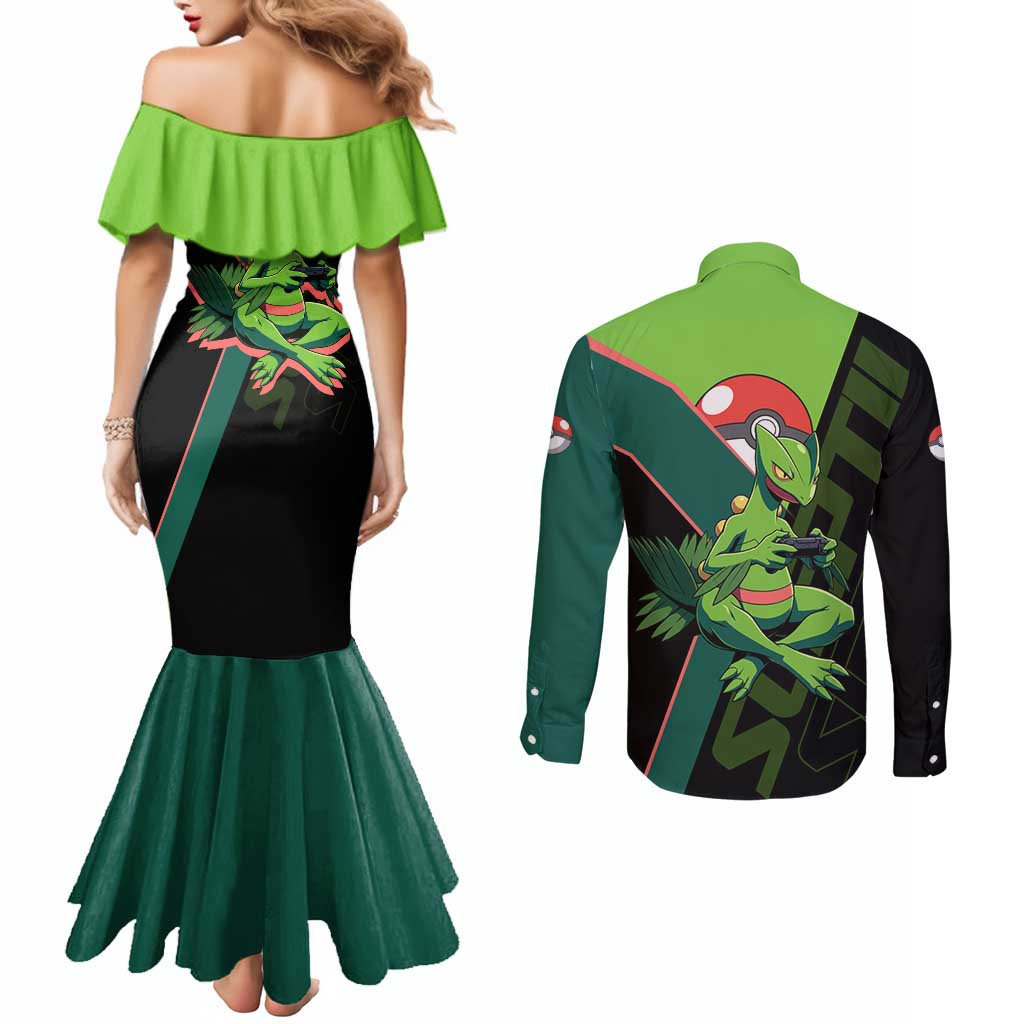 Sceptile Poké Couples Matching Mermaid Dress and Long Sleeve Button Shirt Neon Retro Anime Style