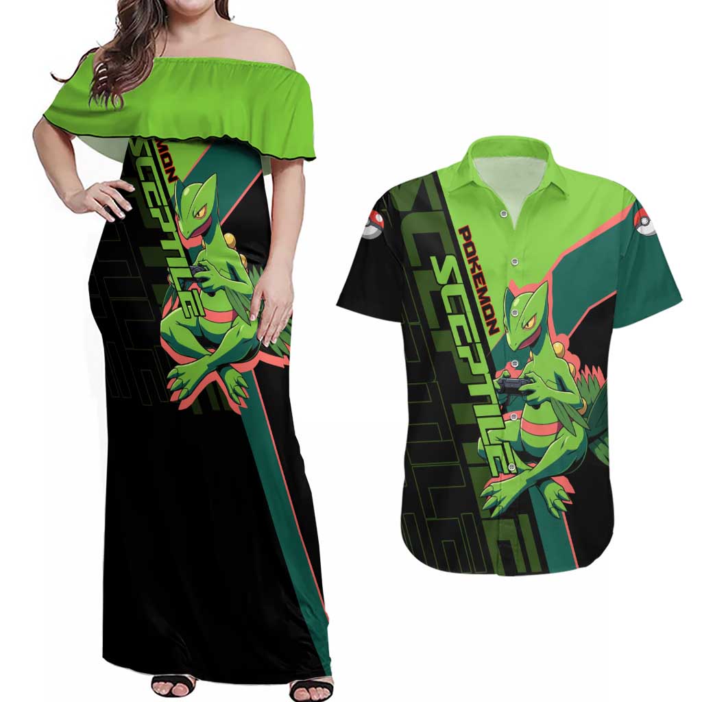 Sceptile Poké Couples Matching Off Shoulder Maxi Dress and Hawaiian Shirt Neon Retro Anime Style
