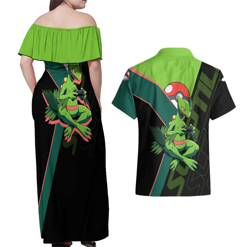 Sceptile Poké Couples Matching Off Shoulder Maxi Dress and Hawaiian Shirt Neon Retro Anime Style