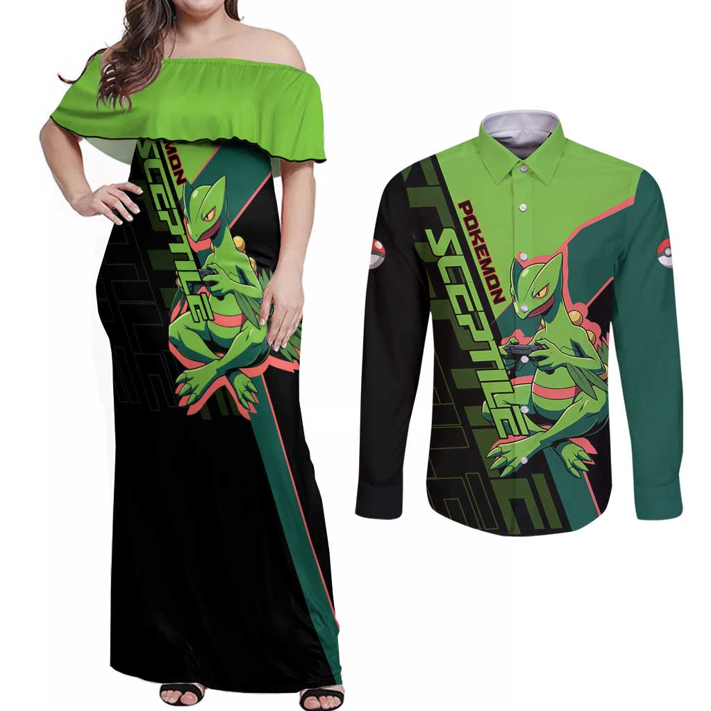 Sceptile Poké Couples Matching Off Shoulder Maxi Dress and Long Sleeve Button Shirt Neon Retro Anime Style