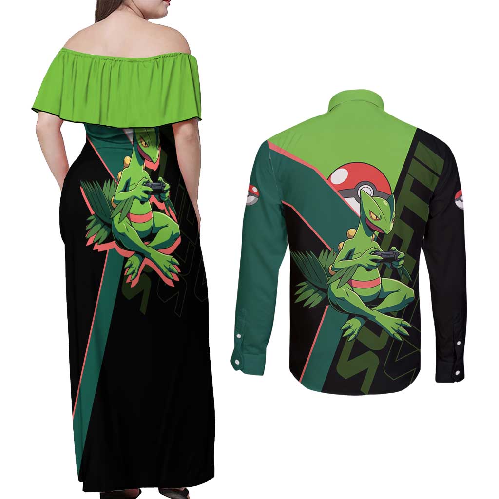 Sceptile Poké Couples Matching Off Shoulder Maxi Dress and Long Sleeve Button Shirt Neon Retro Anime Style