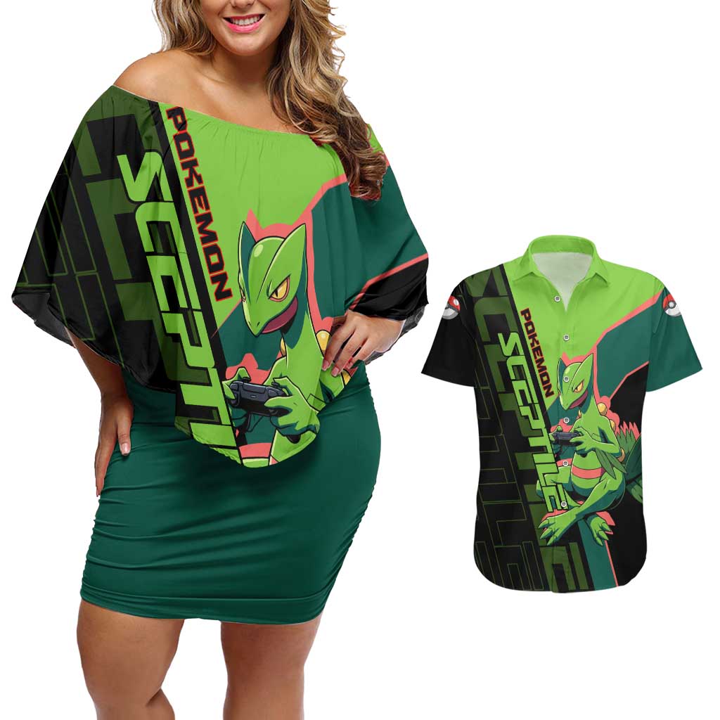 Sceptile Poké Couples Matching Off Shoulder Short Dress and Hawaiian Shirt Neon Retro Anime Style