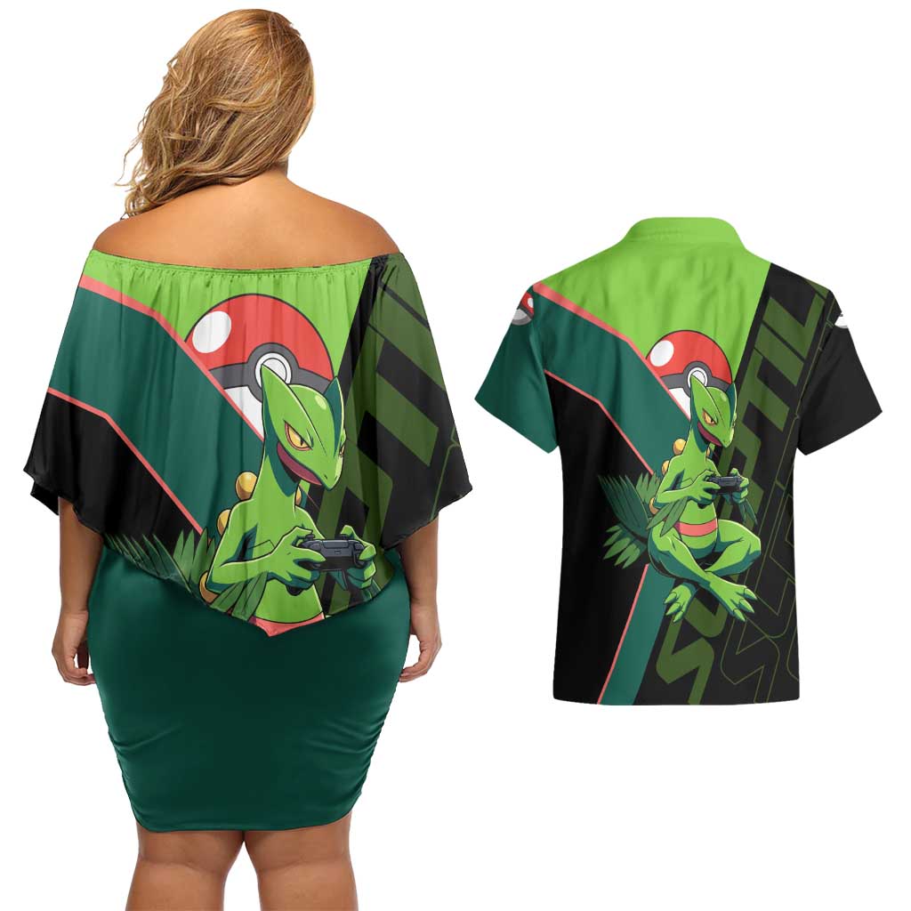 Sceptile Poké Couples Matching Off Shoulder Short Dress and Hawaiian Shirt Neon Retro Anime Style