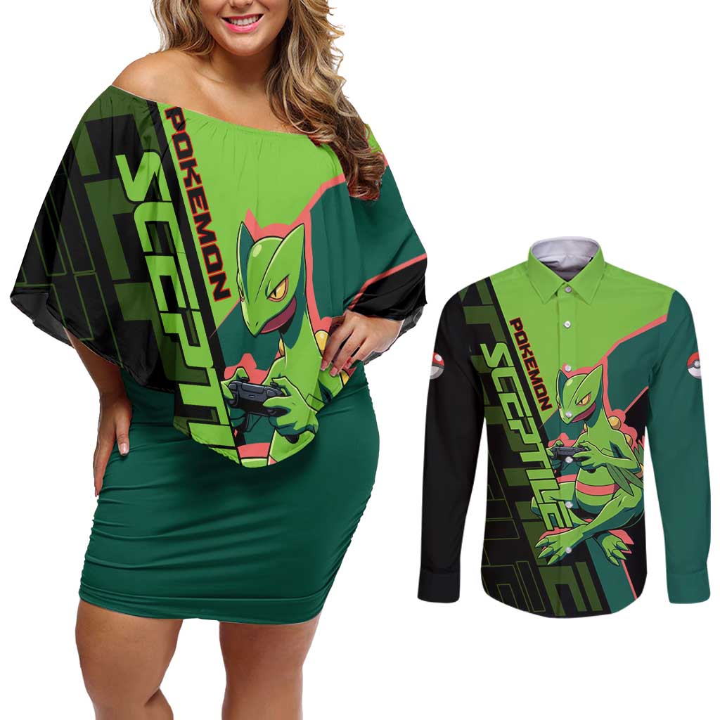 Sceptile Poké Couples Matching Off Shoulder Short Dress and Long Sleeve Button Shirt Neon Retro Anime Style