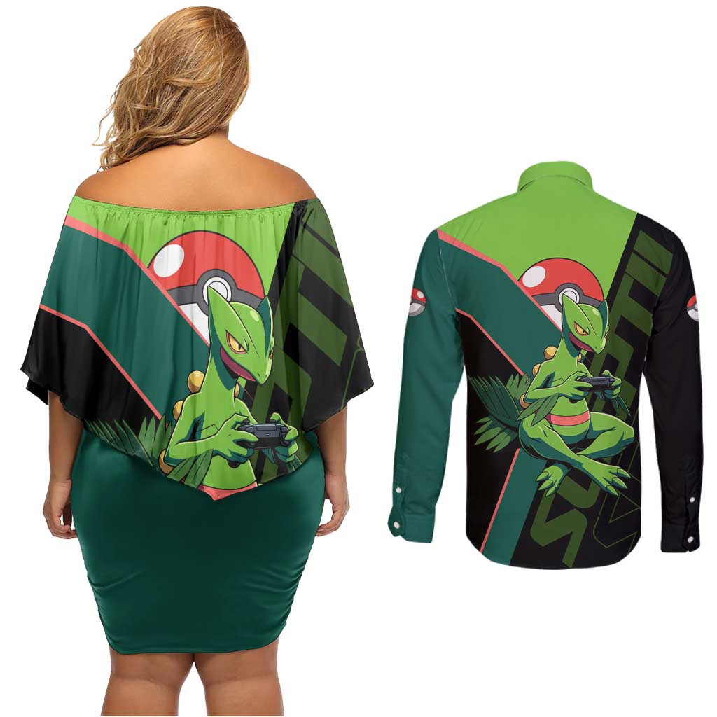 Sceptile Poké Couples Matching Off Shoulder Short Dress and Long Sleeve Button Shirt Neon Retro Anime Style
