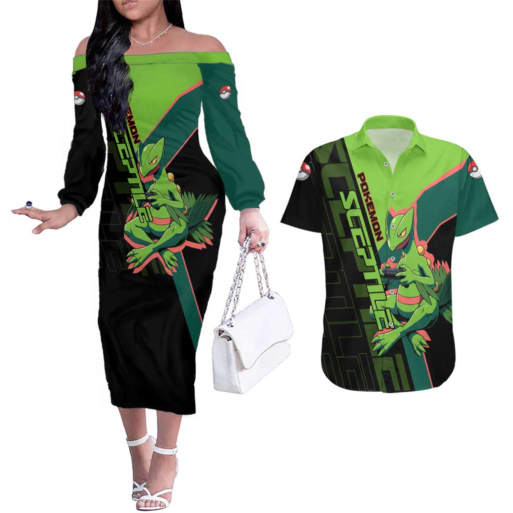Sceptile Poké Couples Matching Off The Shoulder Long Sleeve Dress and Hawaiian Shirt Neon Retro Anime Style