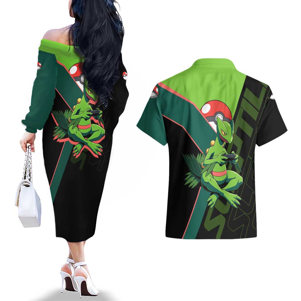 Sceptile Poké Couples Matching Off The Shoulder Long Sleeve Dress and Hawaiian Shirt Neon Retro Anime Style