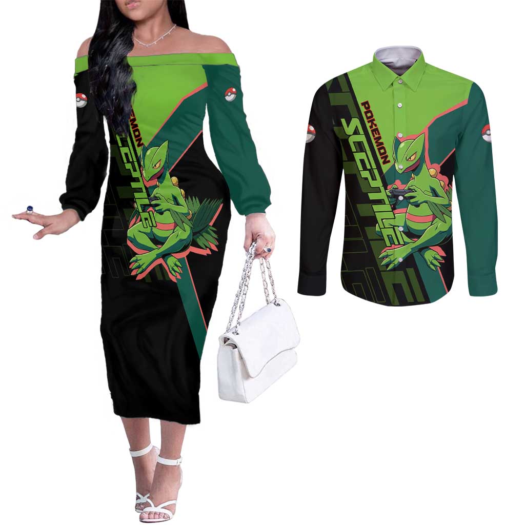 Sceptile Poké Couples Matching Off The Shoulder Long Sleeve Dress and Long Sleeve Button Shirt Neon Retro Anime Style