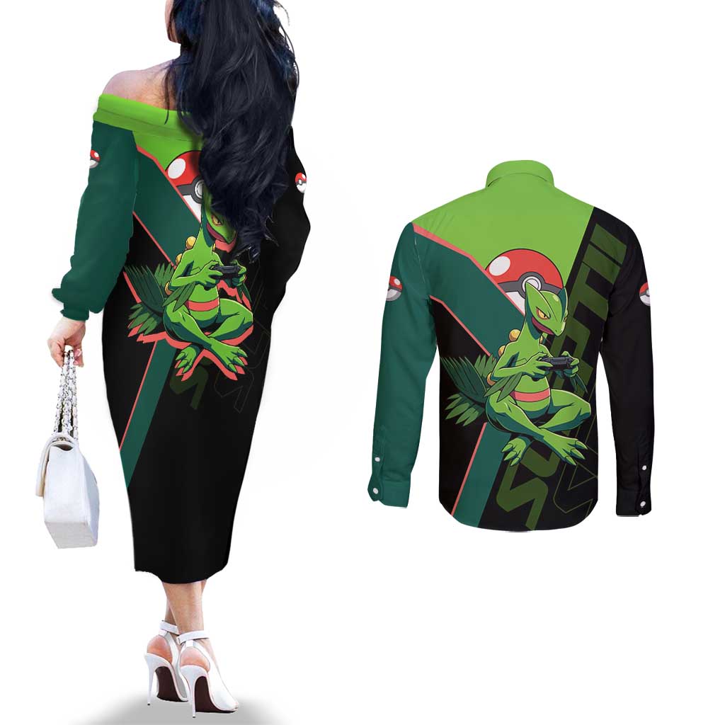 Sceptile Poké Couples Matching Off The Shoulder Long Sleeve Dress and Long Sleeve Button Shirt Neon Retro Anime Style