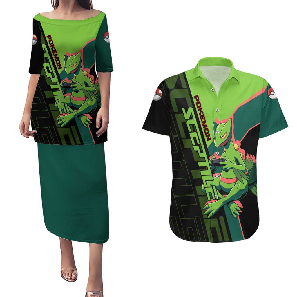 Sceptile Poké Couples Matching Puletasi and Hawaiian Shirt Neon Retro Anime Style
