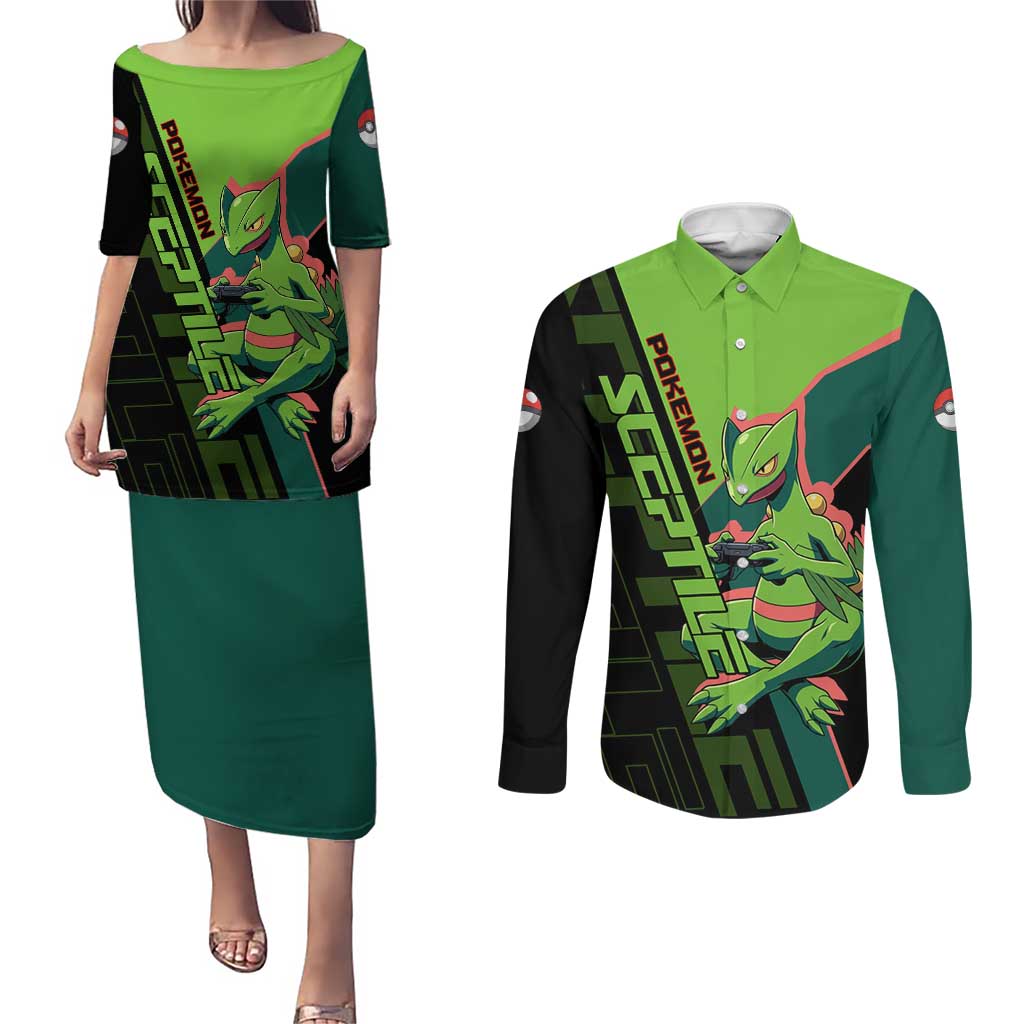 Sceptile Poké Couples Matching Puletasi and Long Sleeve Button Shirt Neon Retro Anime Style