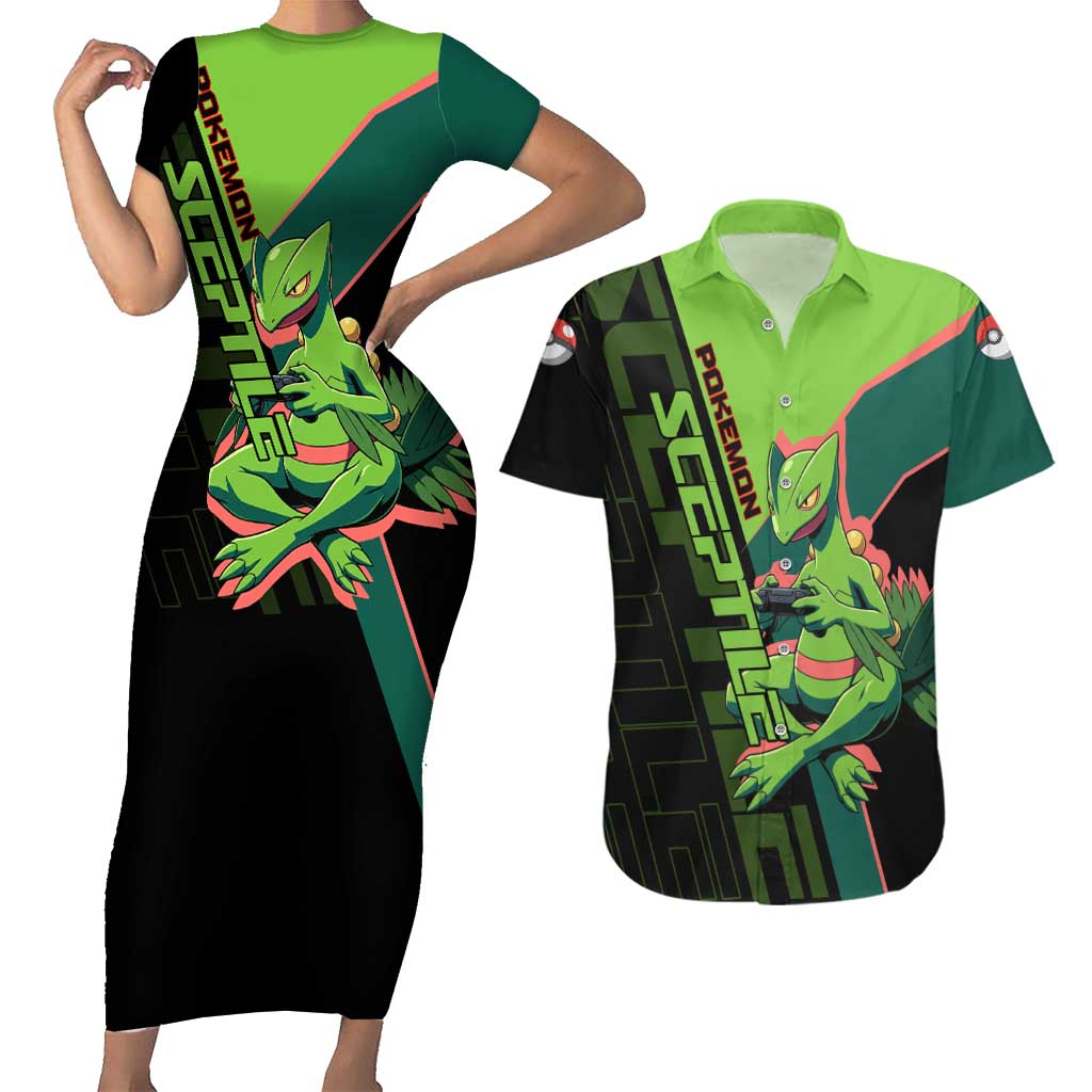 Sceptile Poké Couples Matching Short Sleeve Bodycon Dress and Hawaiian Shirt Neon Retro Anime Style