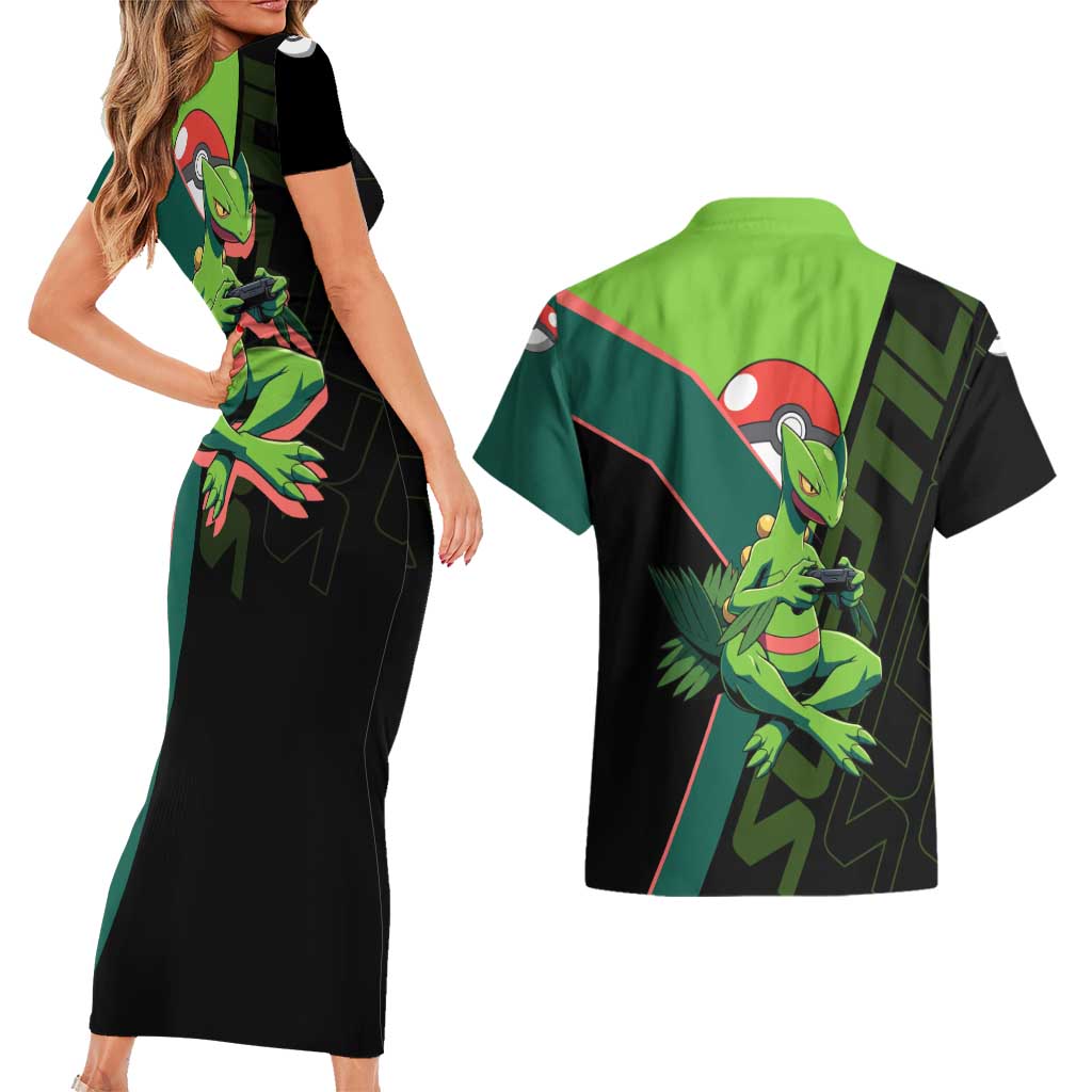 Sceptile Poké Couples Matching Short Sleeve Bodycon Dress and Hawaiian Shirt Neon Retro Anime Style