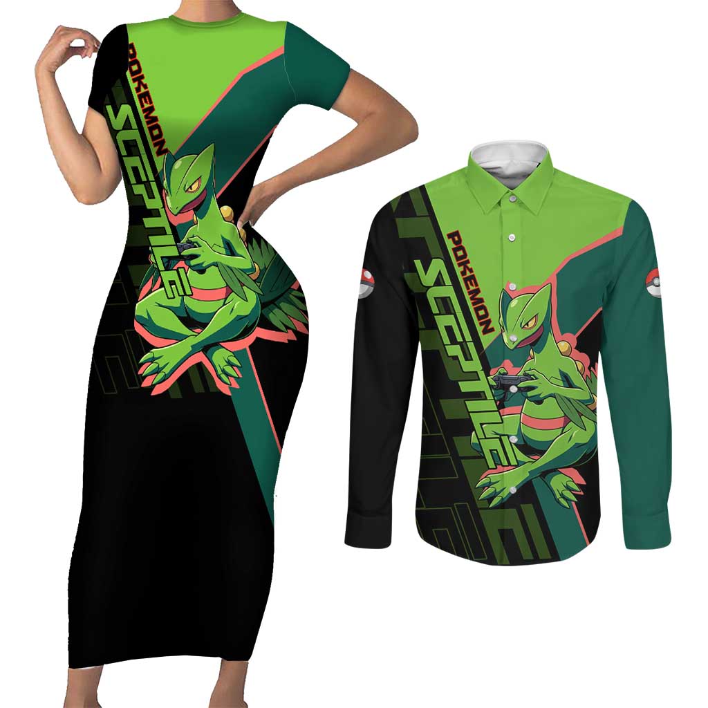 Sceptile Poké Couples Matching Short Sleeve Bodycon Dress and Long Sleeve Button Shirt Neon Retro Anime Style