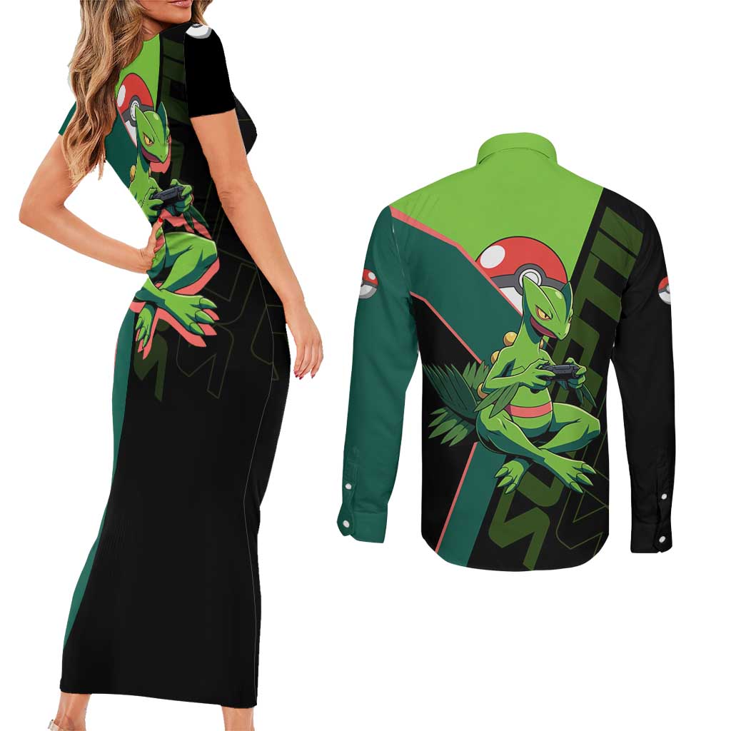 Sceptile Poké Couples Matching Short Sleeve Bodycon Dress and Long Sleeve Button Shirt Neon Retro Anime Style
