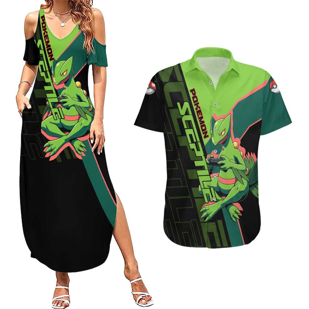 Sceptile Poké Couples Matching Summer Maxi Dress and Hawaiian Shirt Neon Retro Anime Style