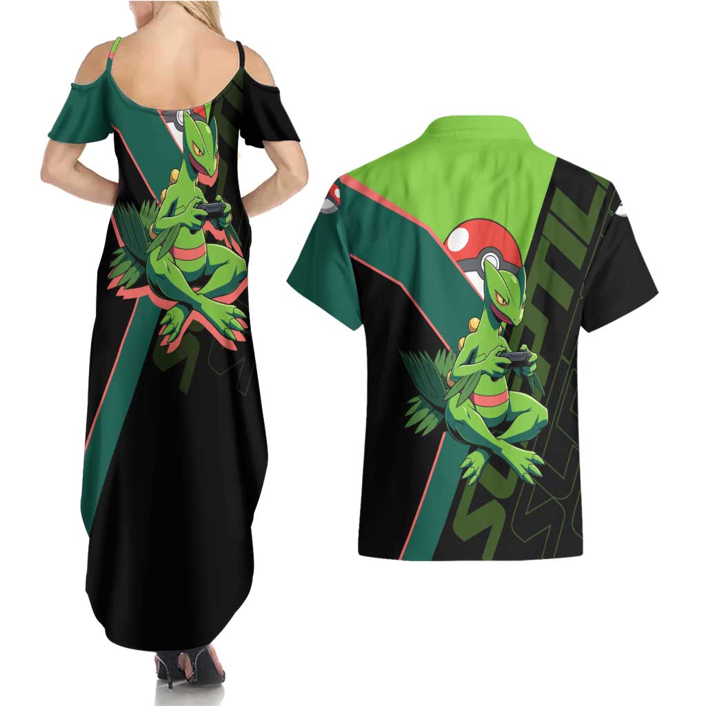Sceptile Poké Couples Matching Summer Maxi Dress and Hawaiian Shirt Neon Retro Anime Style