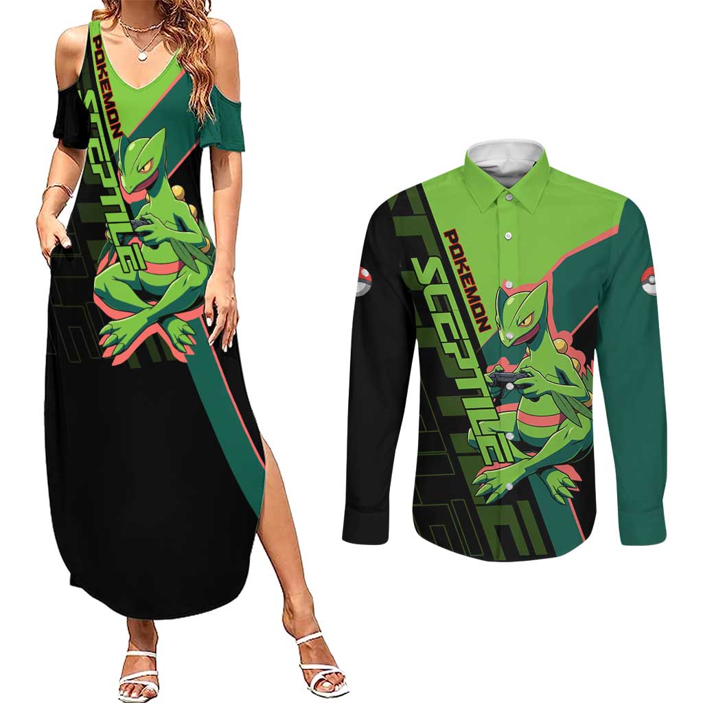 Sceptile Poké Couples Matching Summer Maxi Dress and Long Sleeve Button Shirt Neon Retro Anime Style