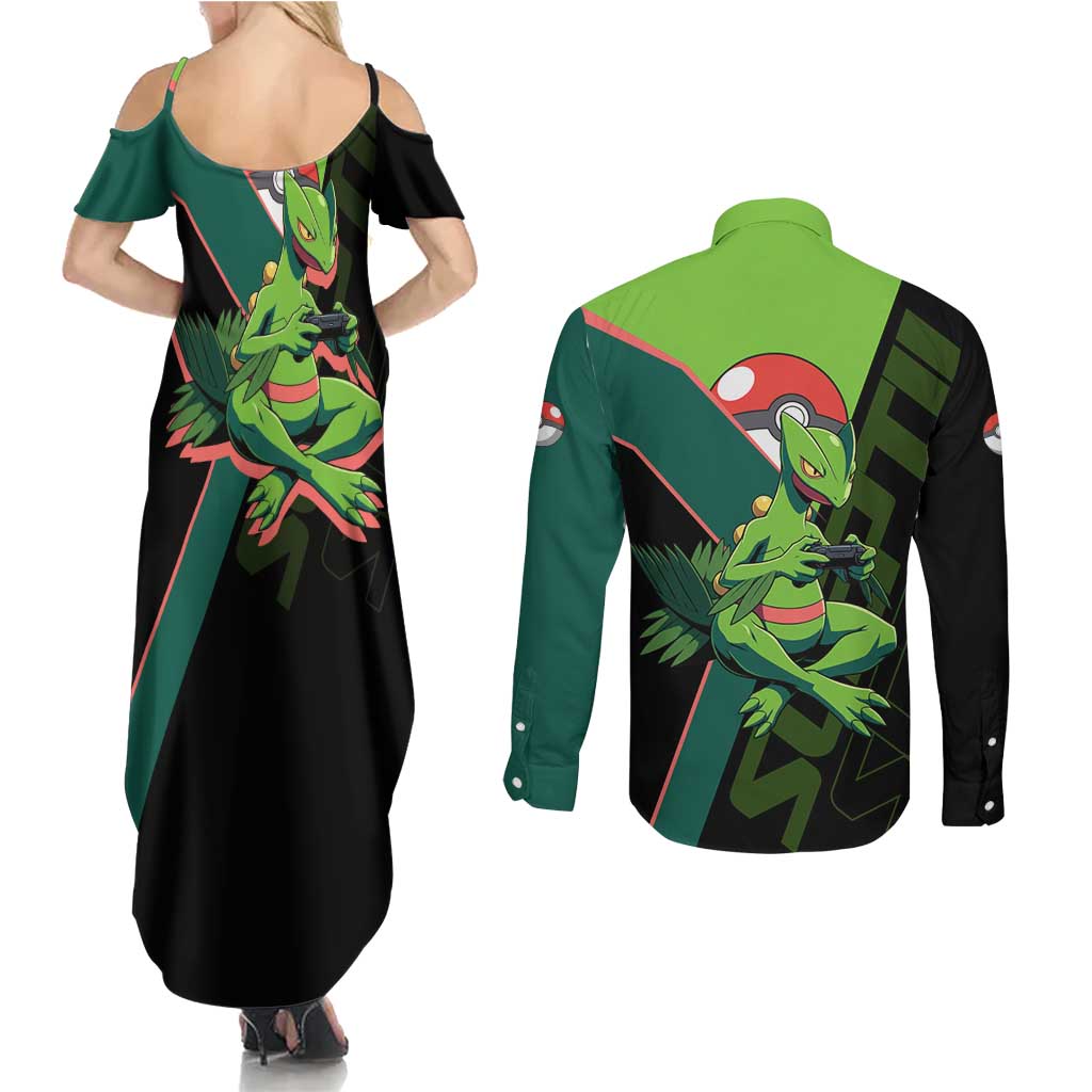 Sceptile Poké Couples Matching Summer Maxi Dress and Long Sleeve Button Shirt Neon Retro Anime Style