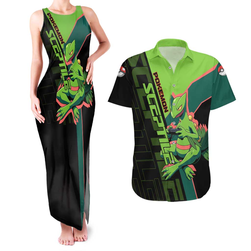 Sceptile Poké Couples Matching Tank Maxi Dress and Hawaiian Shirt Neon Retro Anime Style