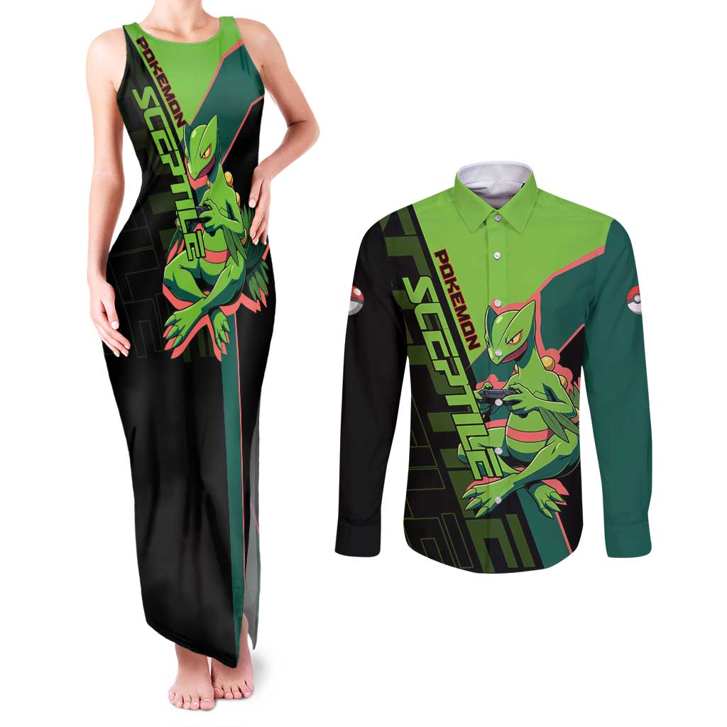 Sceptile Poké Couples Matching Tank Maxi Dress and Long Sleeve Button Shirt Neon Retro Anime Style