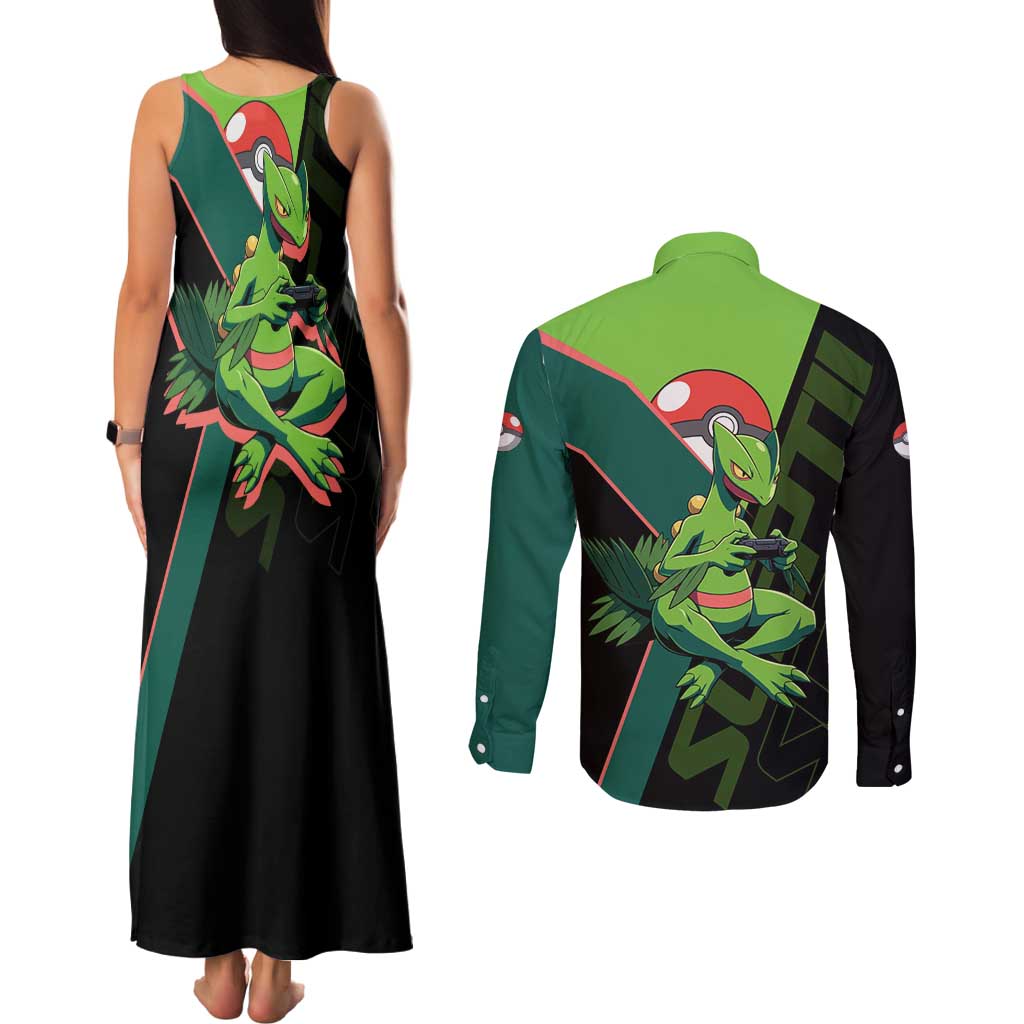Sceptile Poké Couples Matching Tank Maxi Dress and Long Sleeve Button Shirt Neon Retro Anime Style
