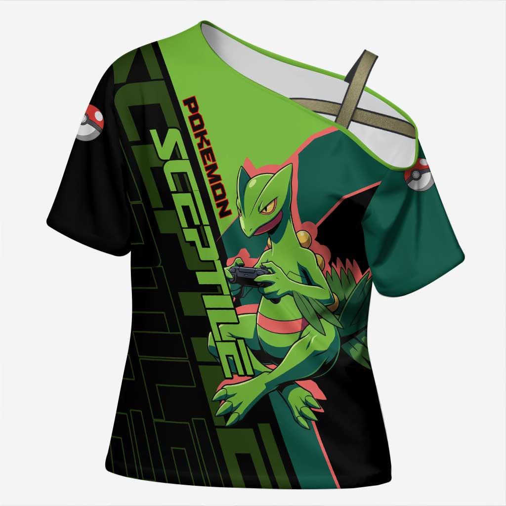 Sceptile Poké Cross Shoulder Shirt Neon Retro Anime Style