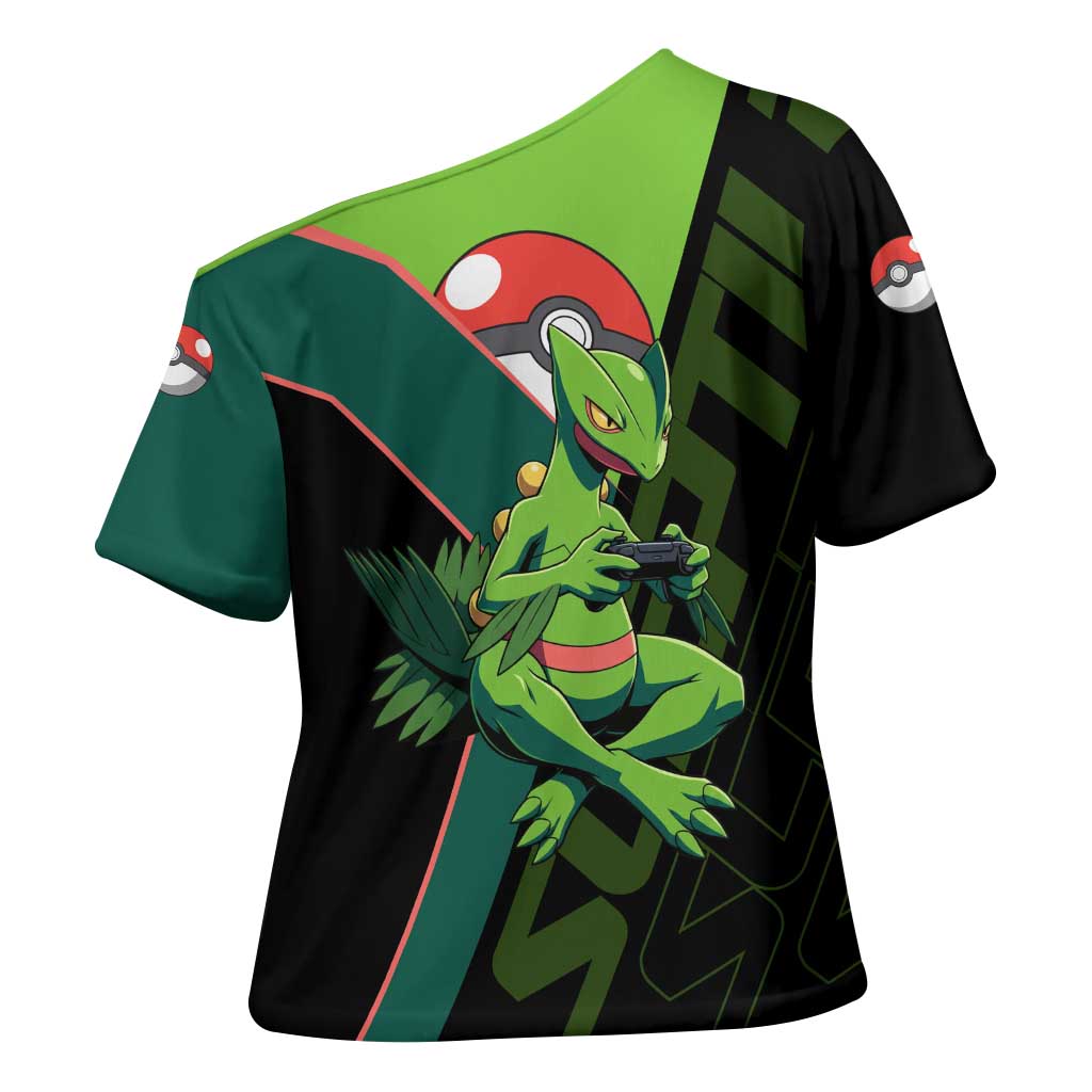 Sceptile Poké Cross Shoulder Shirt Neon Retro Anime Style