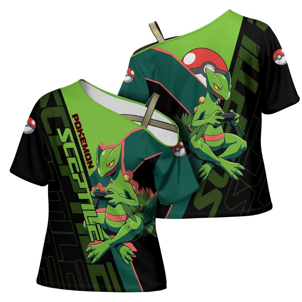 Sceptile Poké Cross Shoulder Shirt Neon Retro Anime Style