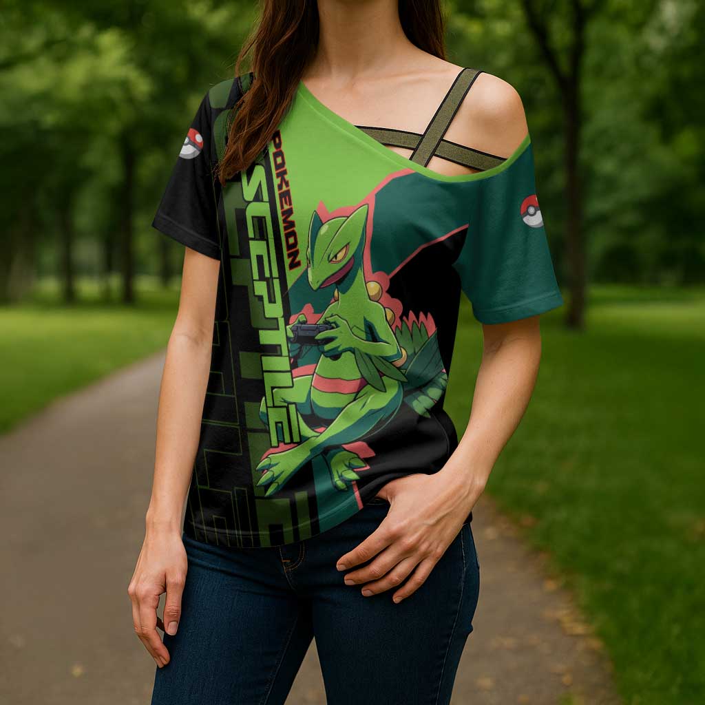 Sceptile Poké Cross Shoulder Shirt Neon Retro Anime Style