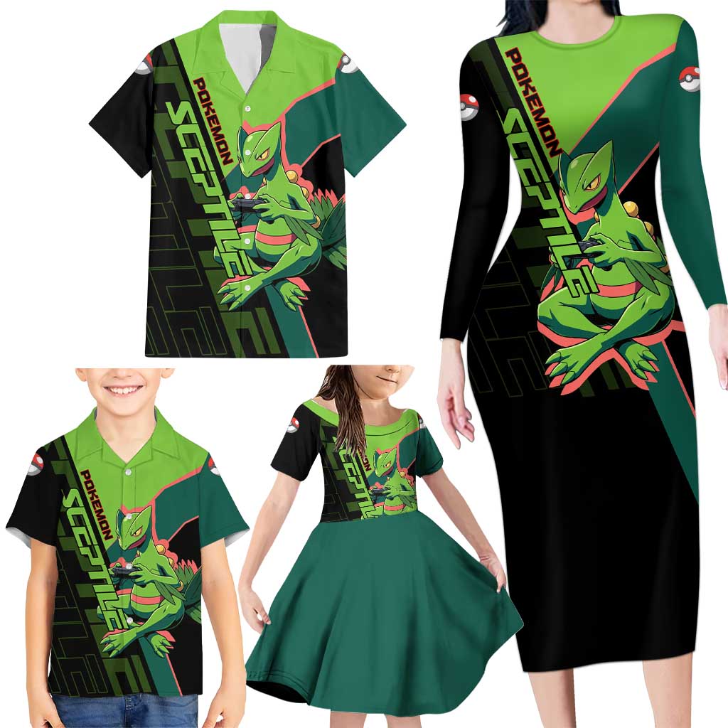 Sceptile Poké Family Matching Long Sleeve Bodycon Dress and Hawaiian Shirt Neon Retro Anime Style