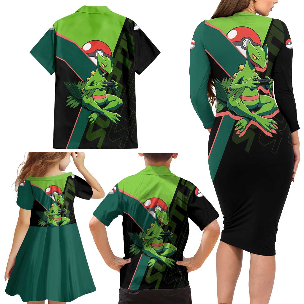 Sceptile Poké Family Matching Long Sleeve Bodycon Dress and Hawaiian Shirt Neon Retro Anime Style