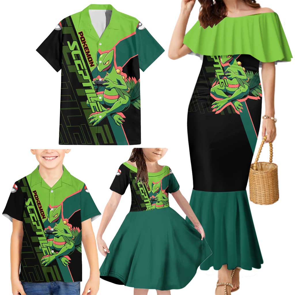 Sceptile Poké Family Matching Mermaid Dress and Hawaiian Shirt Neon Retro Anime Style
