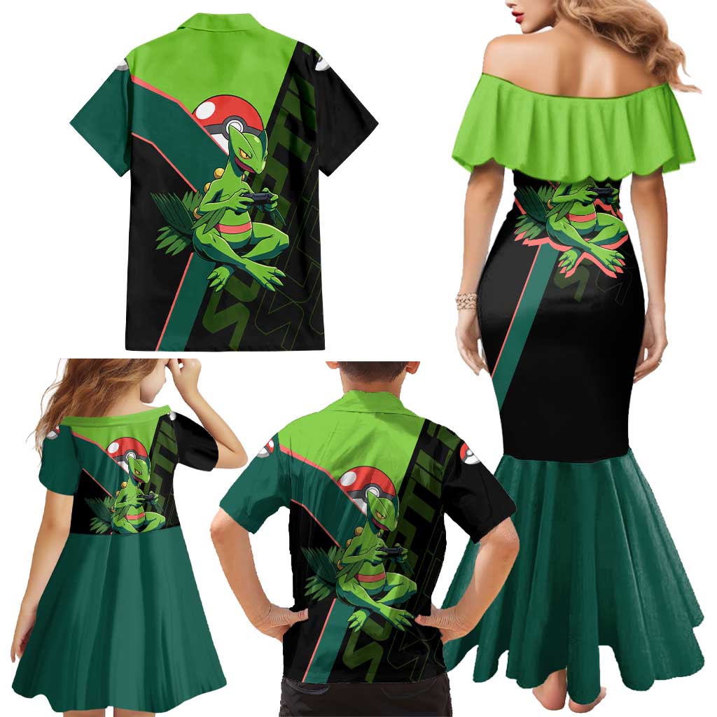 Sceptile Poké Family Matching Mermaid Dress and Hawaiian Shirt Neon Retro Anime Style