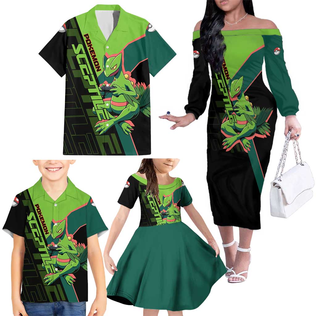 Sceptile Poké Family Matching Off The Shoulder Long Sleeve Dress and Hawaiian Shirt Neon Retro Anime Style