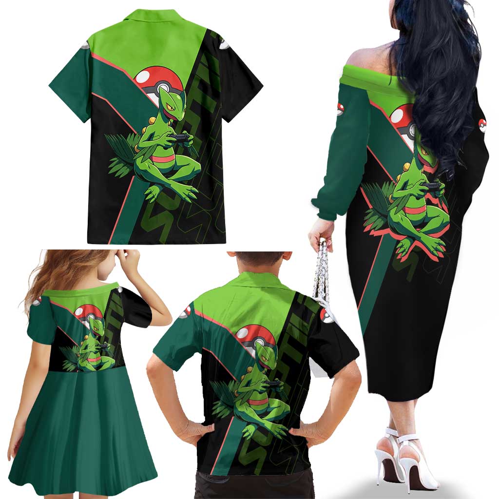 Sceptile Poké Family Matching Off The Shoulder Long Sleeve Dress and Hawaiian Shirt Neon Retro Anime Style