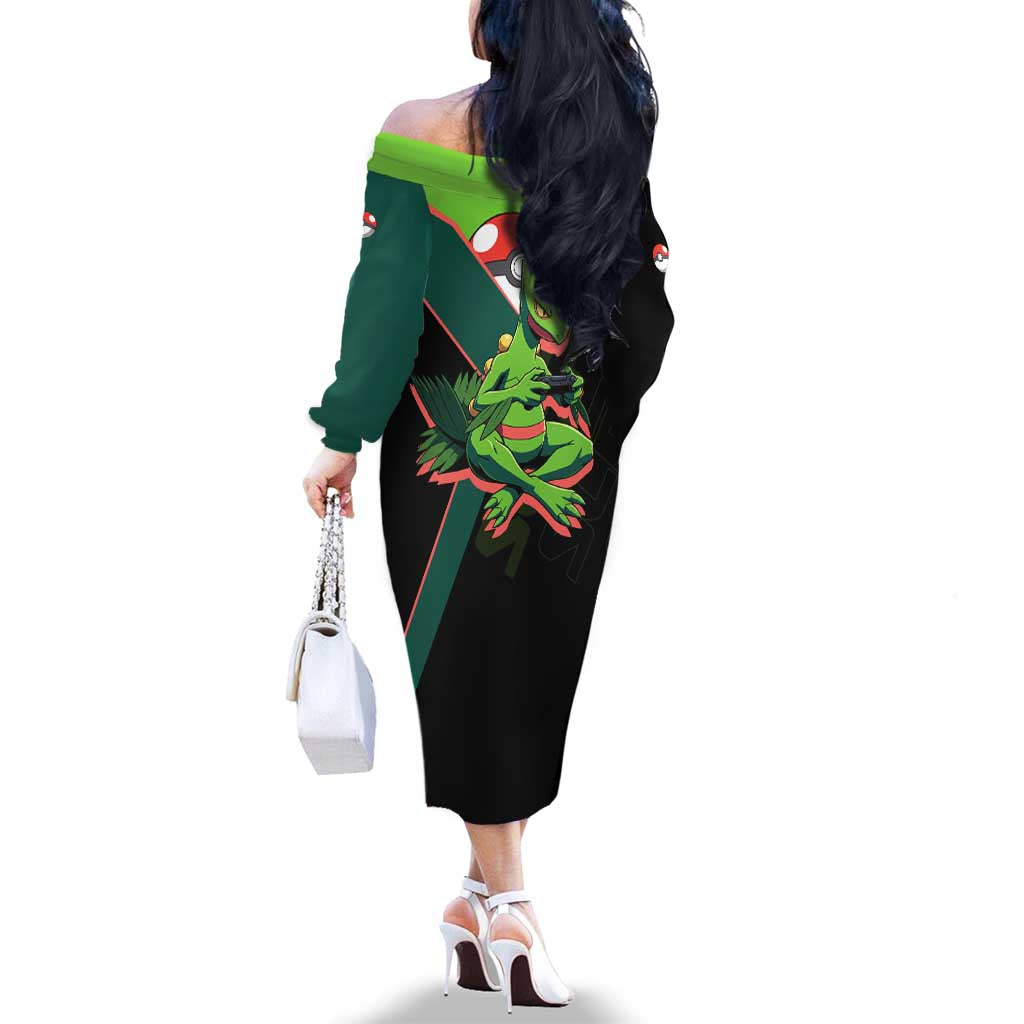 Sceptile Poké Family Matching Off The Shoulder Long Sleeve Dress and Hawaiian Shirt Neon Retro Anime Style