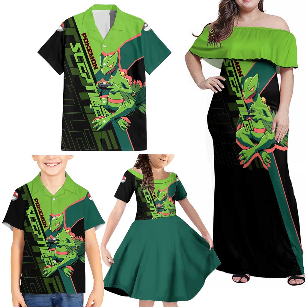 Sceptile Poké Family Matching Off Shoulder Maxi Dress and Hawaiian Shirt Neon Retro Anime Style