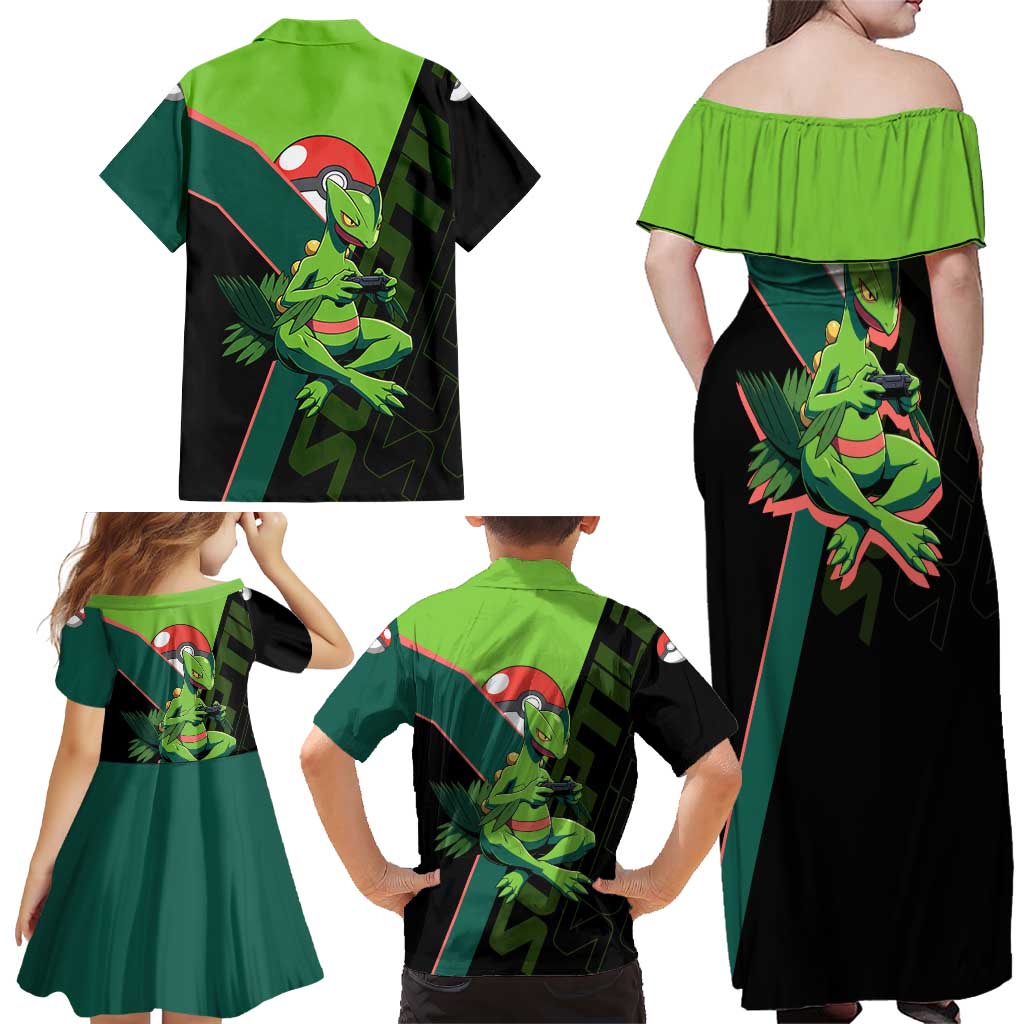Sceptile Poké Family Matching Off Shoulder Maxi Dress and Hawaiian Shirt Neon Retro Anime Style