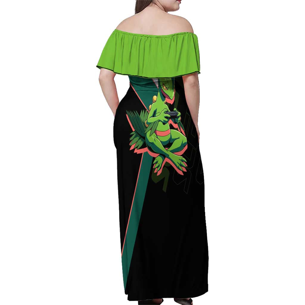 Sceptile Poké Family Matching Off Shoulder Maxi Dress and Hawaiian Shirt Neon Retro Anime Style