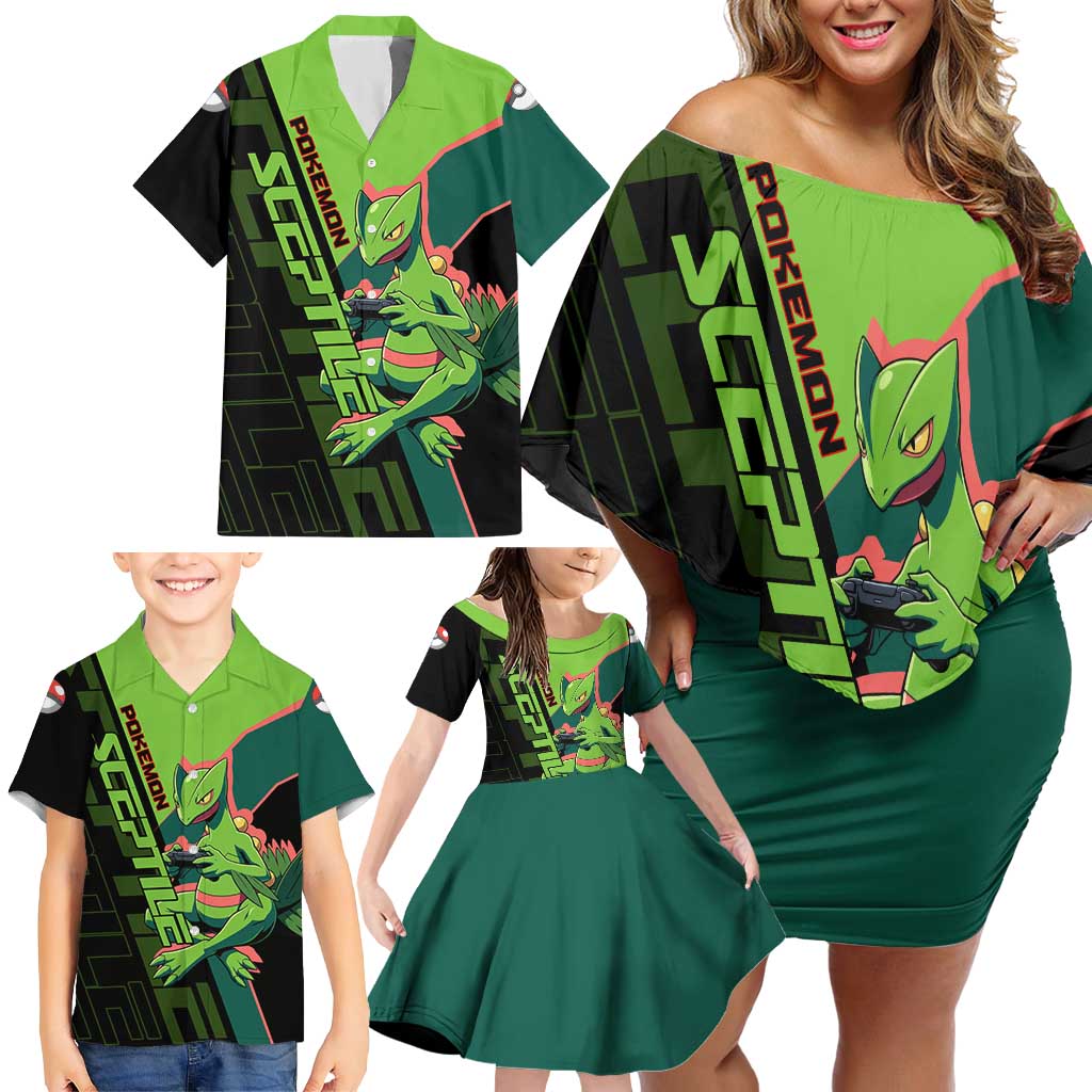Sceptile Poké Family Matching Off Shoulder Short Dress and Hawaiian Shirt Neon Retro Anime Style