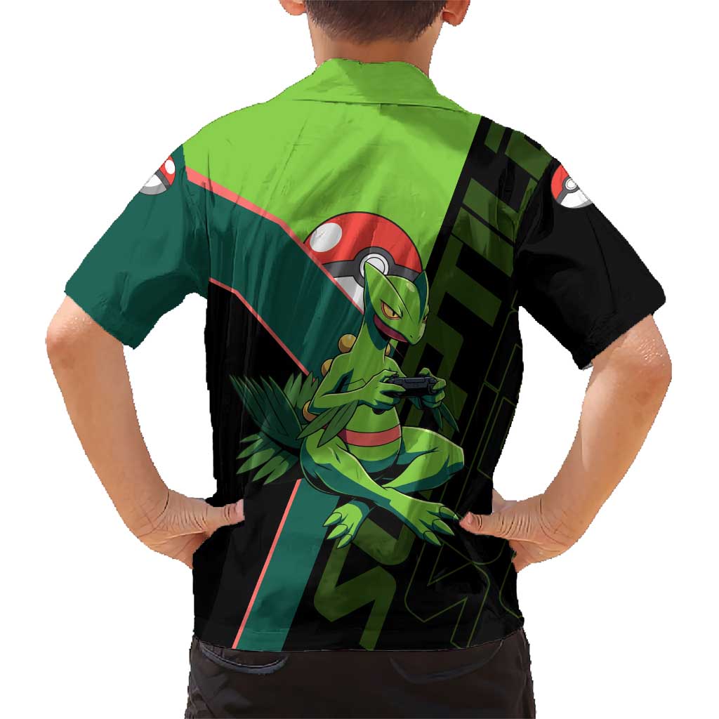 Sceptile Poké Family Matching Off Shoulder Short Dress and Hawaiian Shirt Neon Retro Anime Style